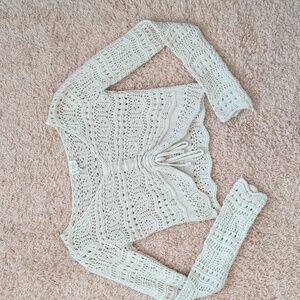 Sky & Sparrow Cream Crochet Long Sleeve‎ Ruched Shirt S